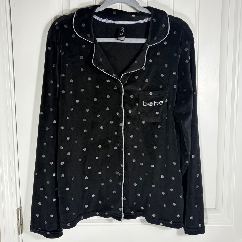 Bebe Sleepwear Womens Large Black Silver Polka Dot Fleece Pajama Top Button Down